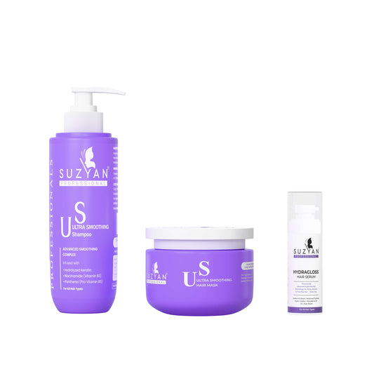 SUZYAN Premium Ultra Smoothing Hair Care Set | Luxurious Shampoo, Deep Repair Hair Mask & Hydragloss Serum | Salon-Like Shine & Frizz Control | Sulfate-Free, Paraben-Free | 3 Step Nourishment