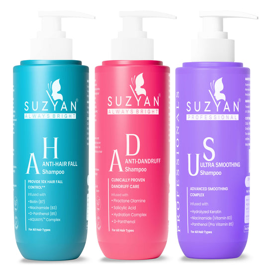 SUZYAN Shampoo Combo Pack of 3 | Anti Dandruff + Ultra Smoothing + Anti Hair Fall | Hair Cleanse & Care | Sulfate-Free | 250ml Each