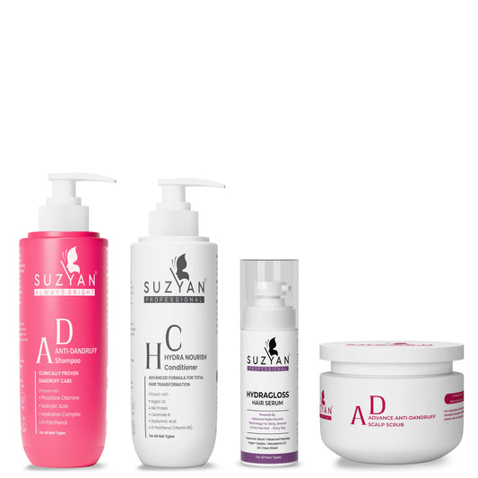SUZYAN Anti Dandruff Hair Care Combo | Shampoo + Scalp Scrub + Hydra Nourish Conditioner + Hydragloss Serum