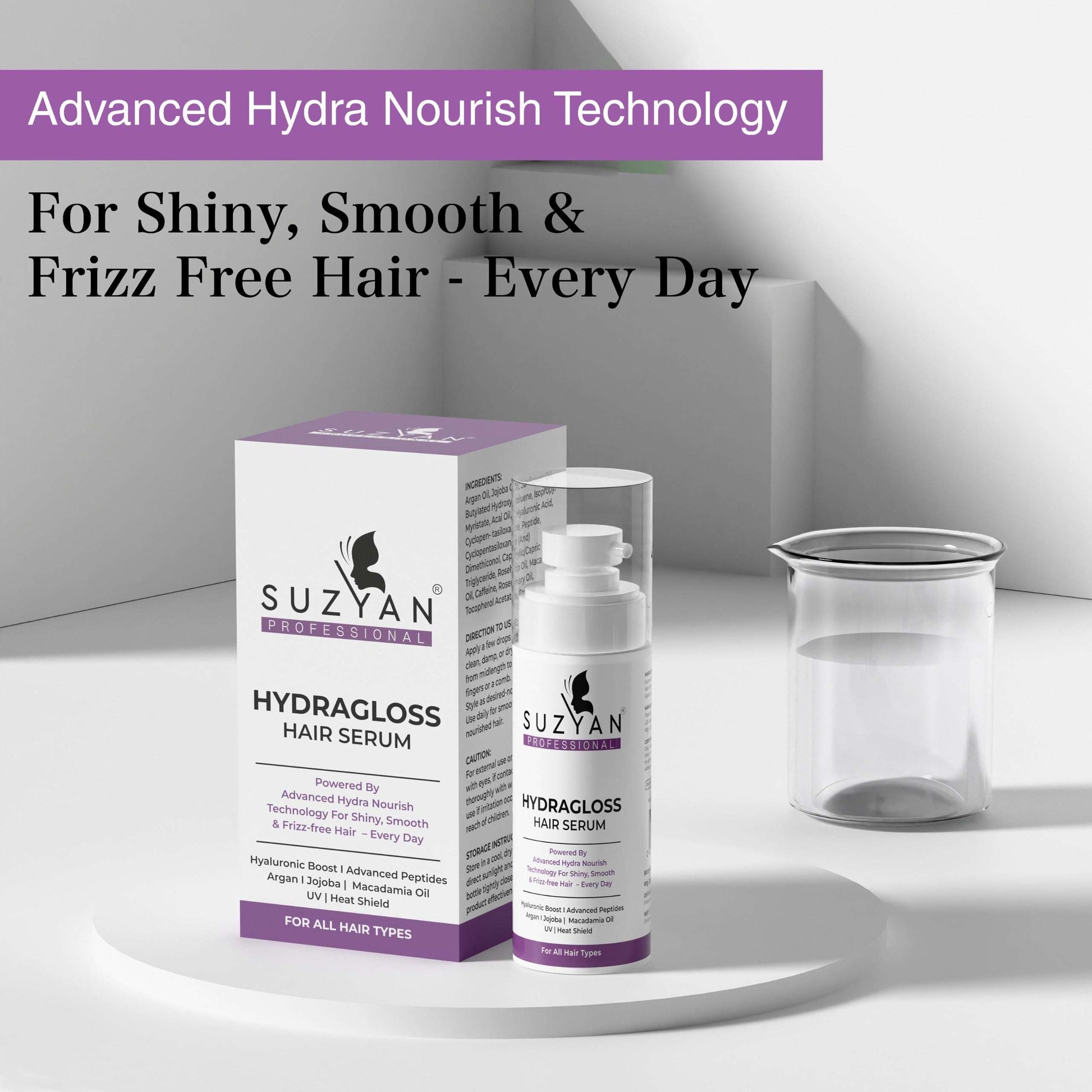 SUZYAN Ultra Smoothening Shampoo + Hydragloss Hair Serum Combo | Frizz-Free, Silky Hair Care Set | Sulfate-Free & Paraben-Free | 250ml + 50ml | For Smooth, Glossy & Manageable Hair