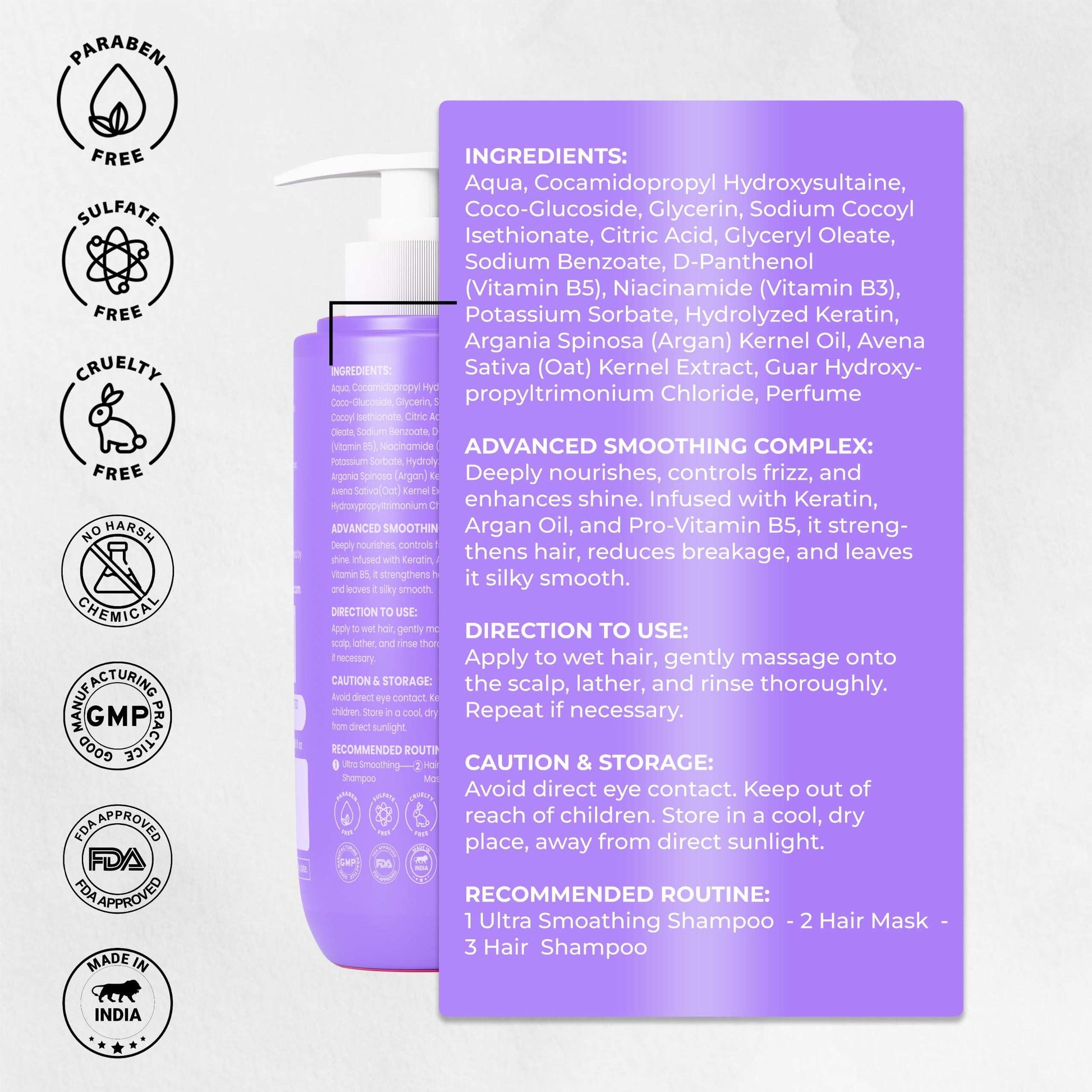 SUZYAN Ultra Smoothening Shampoo + Hydragloss Hair Serum Combo | Frizz-Free, Silky Hair Care Set | Sulfate-Free & Paraben-Free | 250ml + 50ml | For Smooth, Glossy & Manageable Hair
