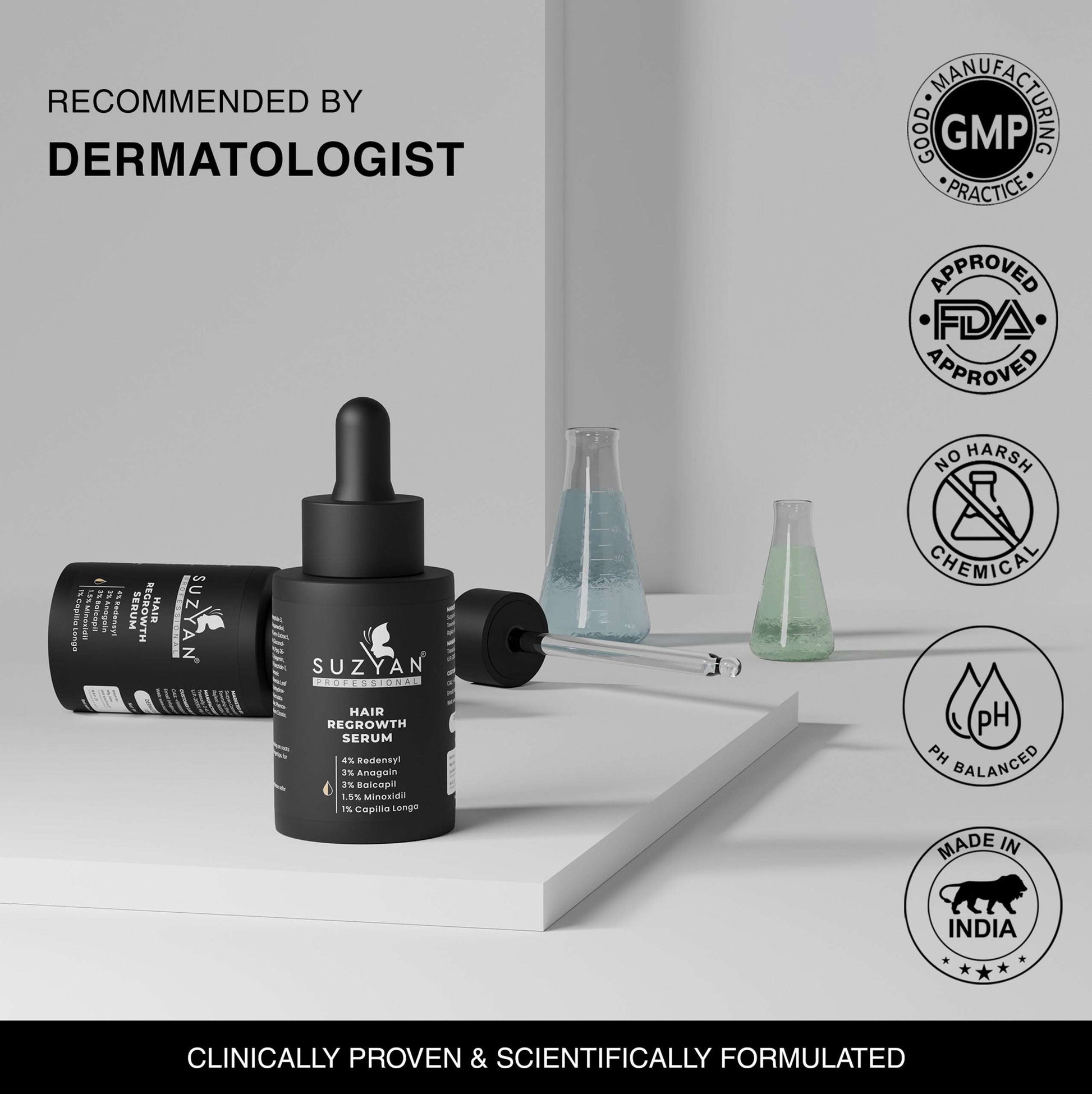 Suzyan Anti Hair Fall Shampoo + Conditioner + Hair Regrowth Serum Combo | With 4% Redensyl, 3% Anagain | Sulfate-Free | Controls Hair Fall & Boosts Regrowth | For Men & Women | 250ml + 250ml + 30ml