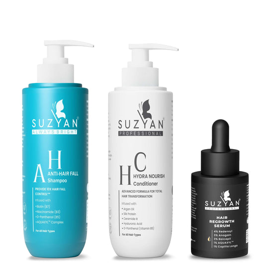Suzyan Anti Hair Fall Shampoo + Conditioner + Hair Regrowth Serum Combo | With 4% Redensyl, 3% Anagain | Sulfate-Free | Controls Hair Fall & Boosts Regrowth | For Men & Women | 250ml + 250ml + 30ml