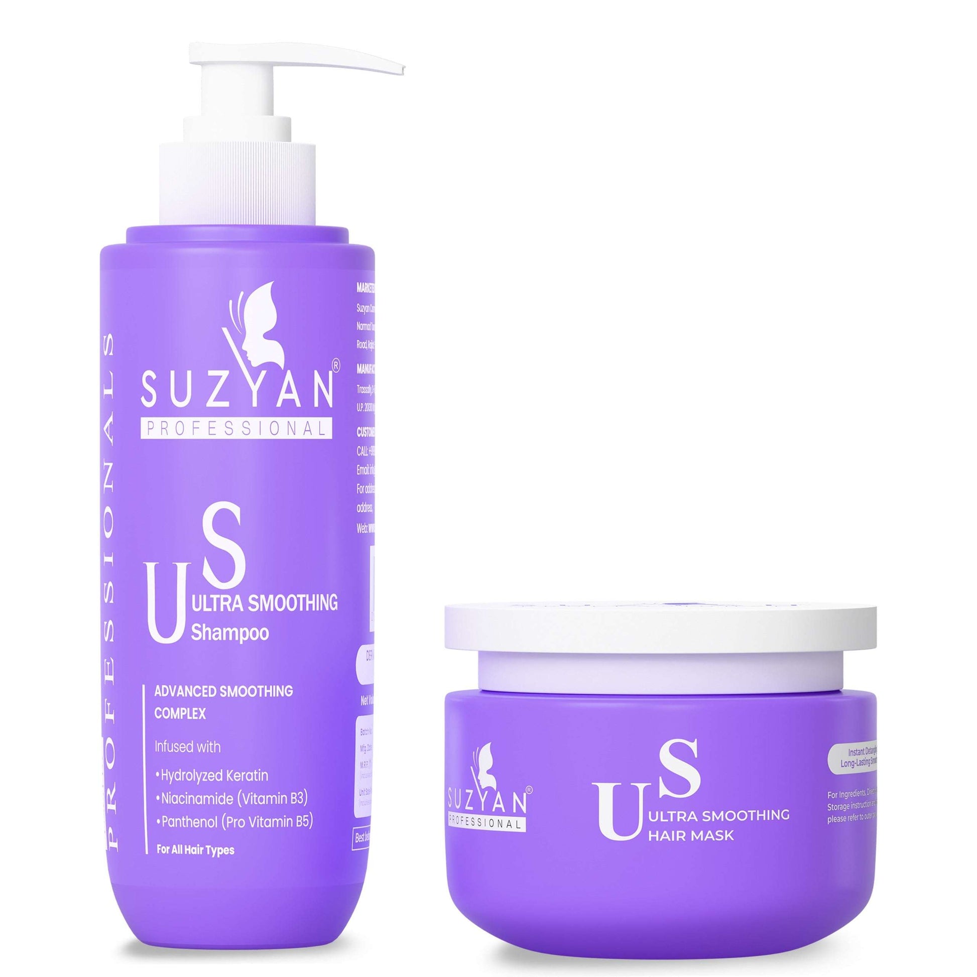 SUZYAN Ultra Smoothening Shampoo + Deep Conditioning Hair Mask Combo | Intense Frizz Control & Nourishment | Sulfate-Free, Paraben-Free | 250ml + 200g | For Soft, Silky & Manageable Hair